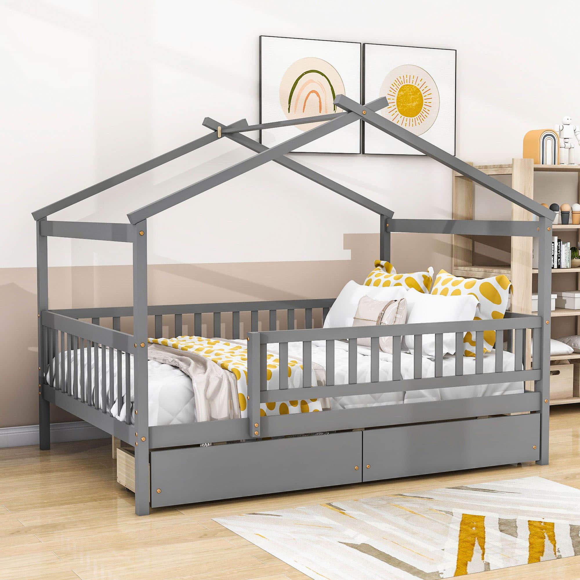 Full Size Wood House Toddler Bed Frame with Rails and Storage