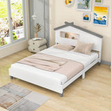 Kids Full Wood Platform Bed with House-Shaped Headboard and LED Lights