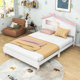 Kids Full Wood Platform Bed with House-Shaped Headboard and LED Lights