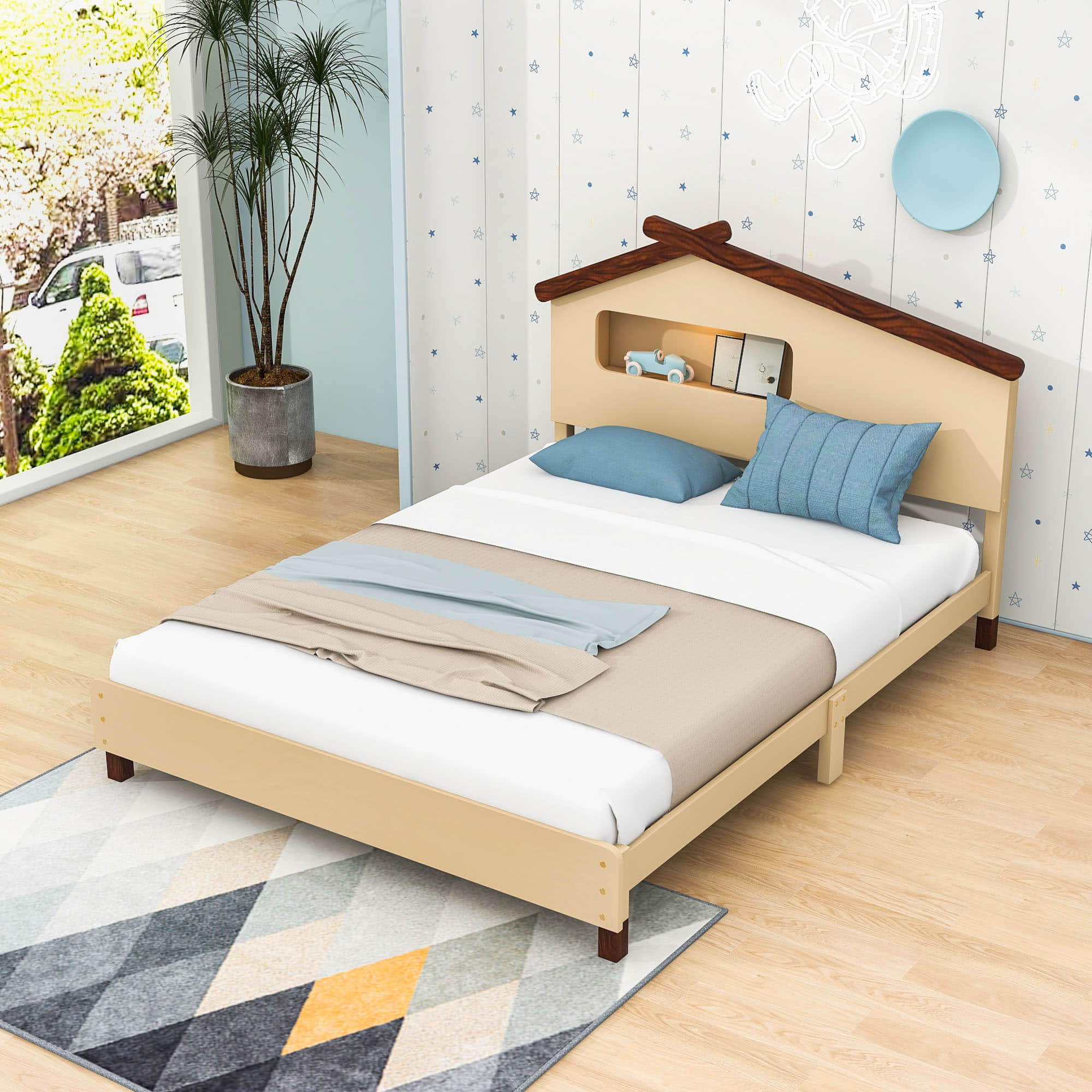 Kids Full Wood Platform Bed with House-Shaped Headboard and LED Lights