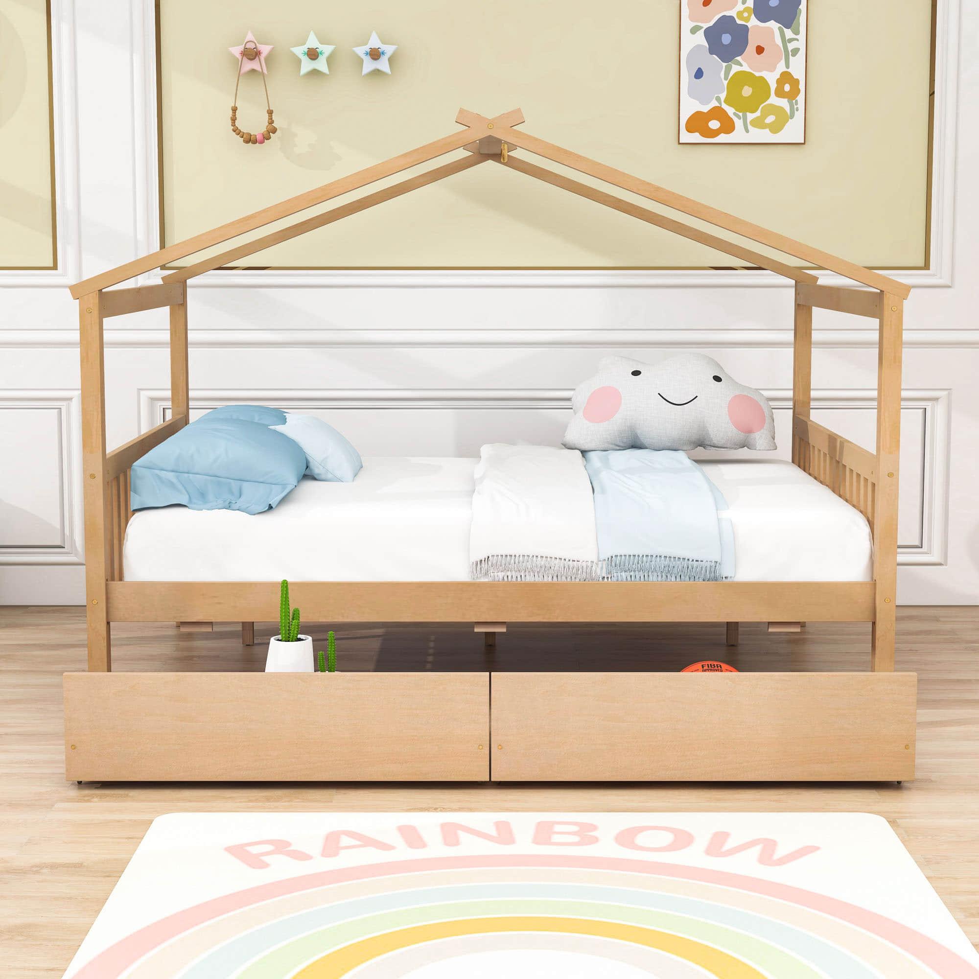 Wooden Full Size House Bed with Storage Drawers for Kids