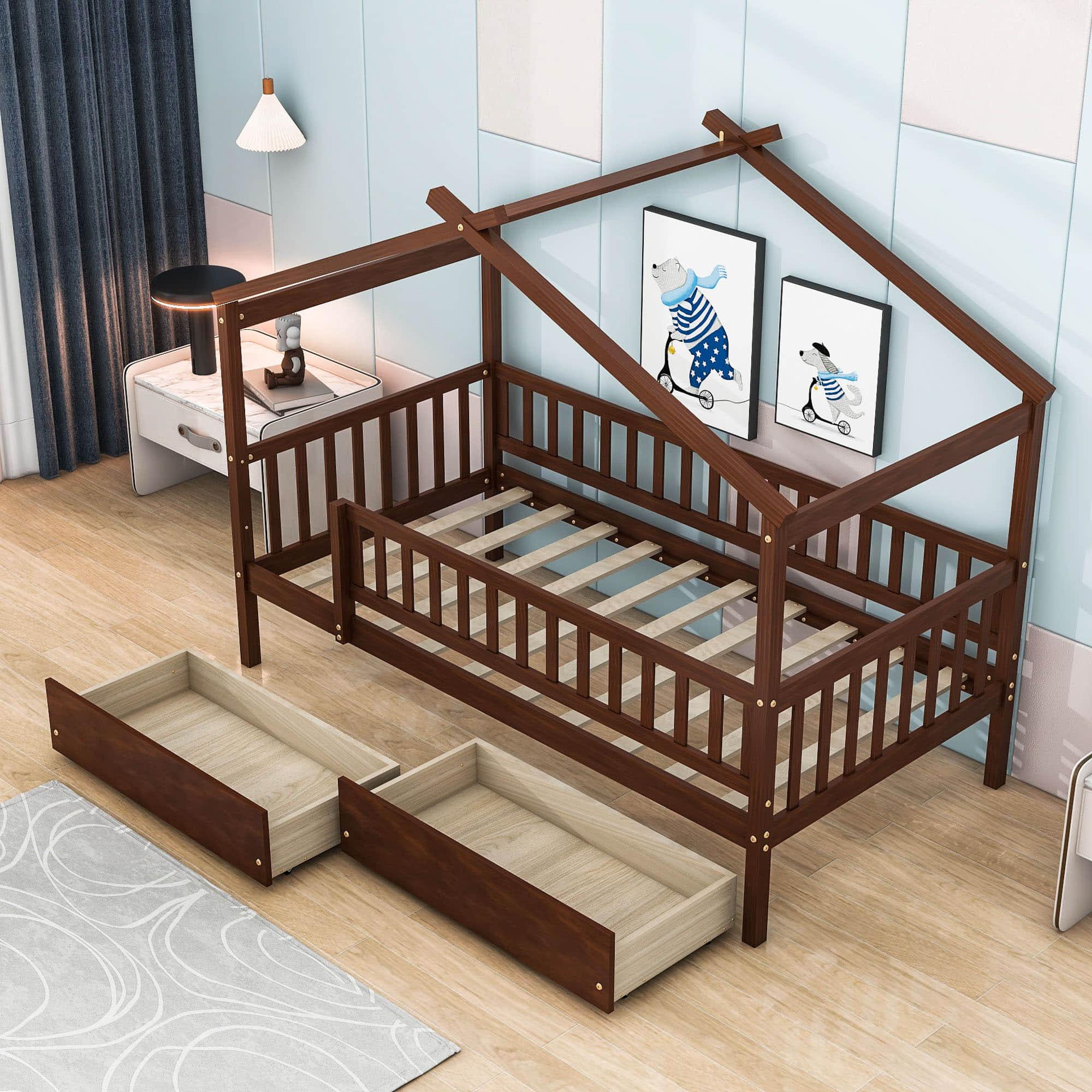 Twin Size Wood House Toddler Bed Frame with Rails and Storage