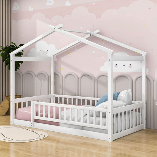 Twin Wood House Kids Toddler Floor Bed with Rails