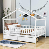 Full Size Wood House Toddler Bed Frame with Rails and Storage