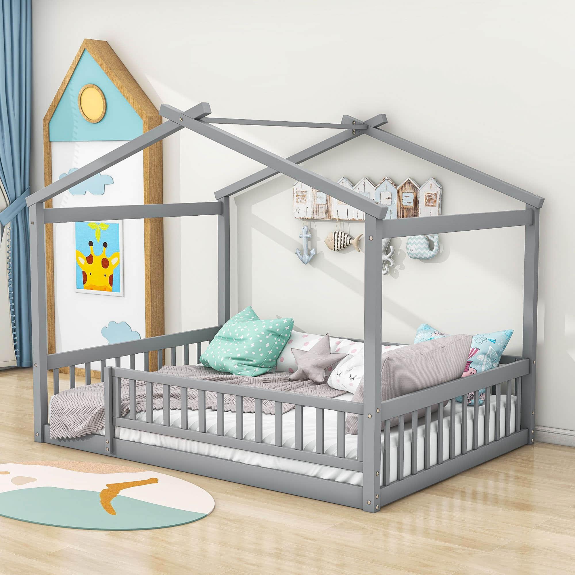 Full Size Wood House Kids Toddler Floor Bed with Rails