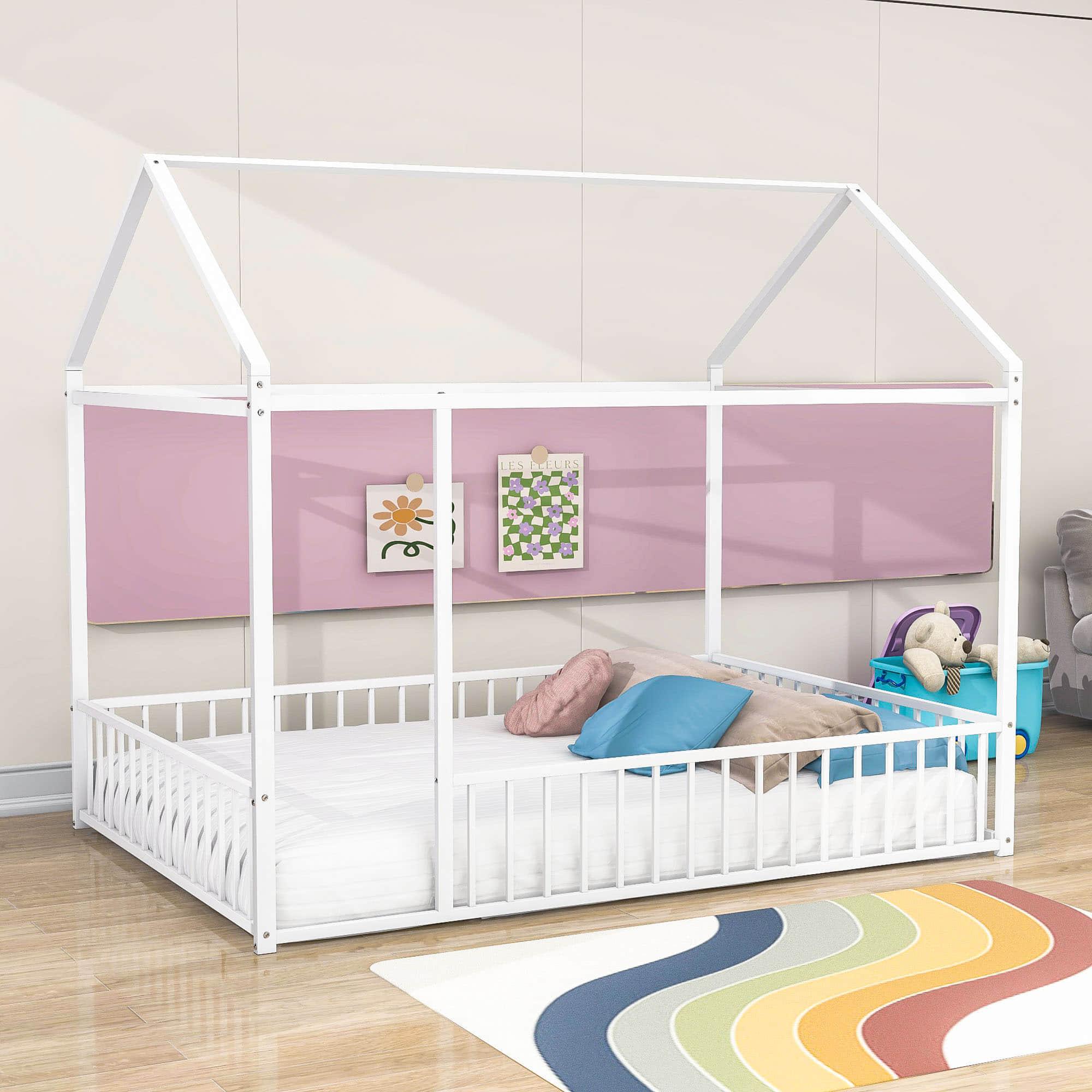 Full Size Metal House Toddler Floor Bed with Rails for Boys and Girls