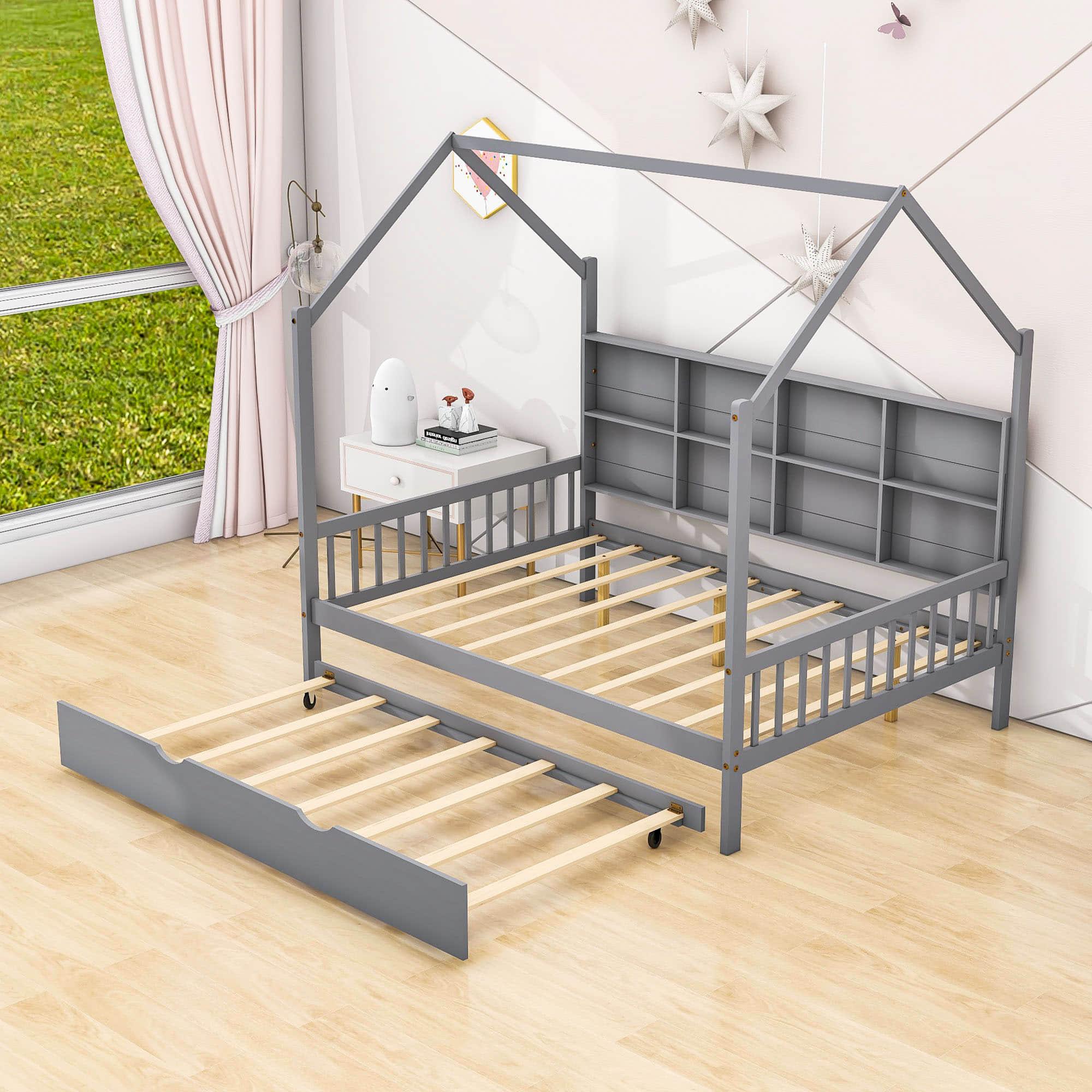 Wooden Kids House Full Size Bed with Trundle, Storage and Headboard - [Shelves]