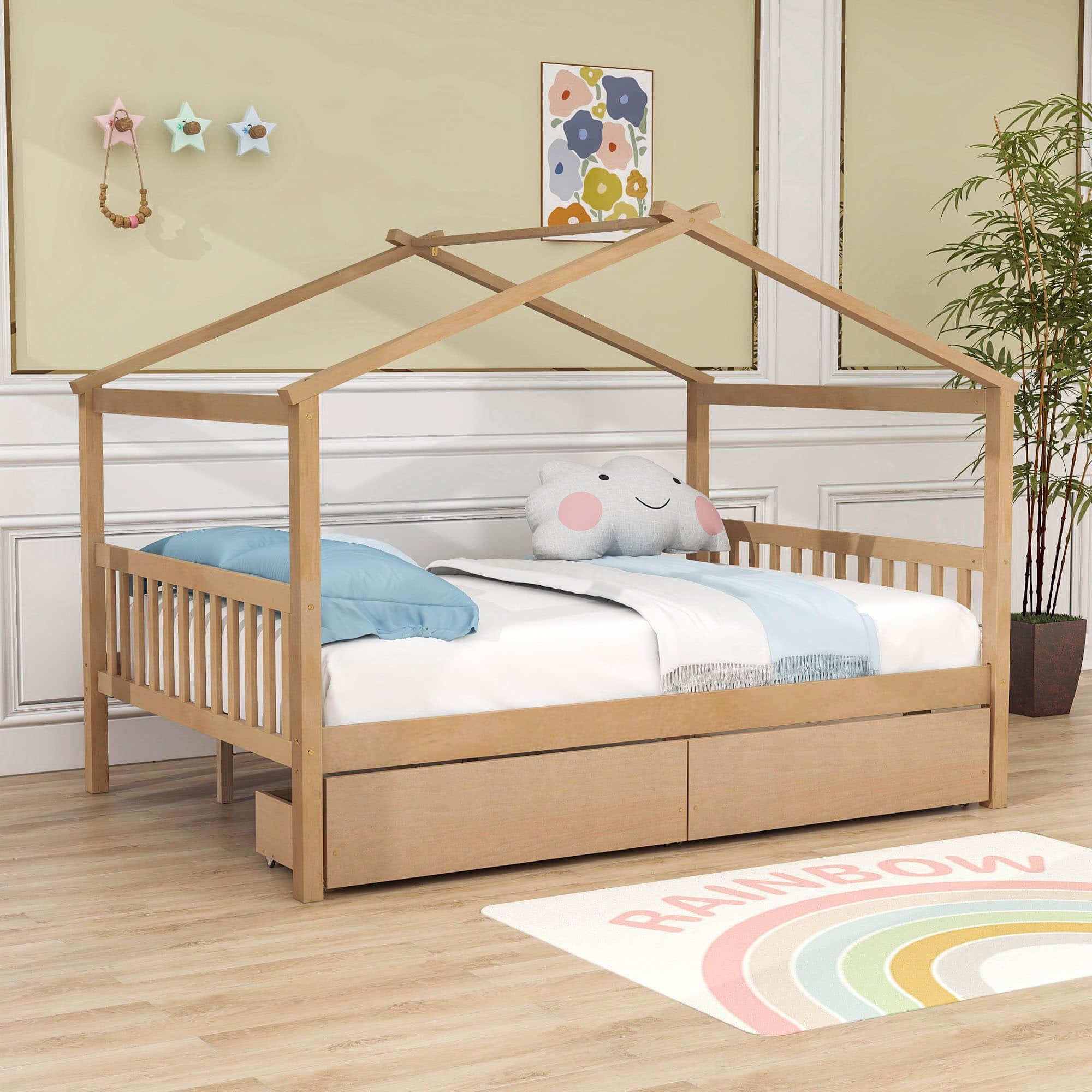 Wooden Full Size House Bed with Storage Drawers for Kids