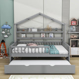 Wood Full Size Low House Bed Frame with Storage and Twin Trundle Bed