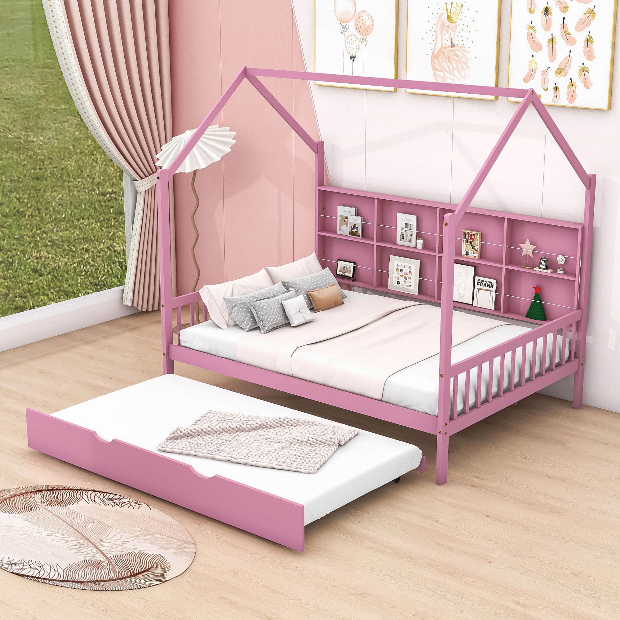 Wooden Kids House Full Size Bed with Trundle, Storage and Headboard - [Shelves]