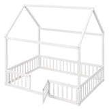 Full Size Wood House Toddler Floor Bed with Rails and Door