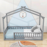 Twin Wood House Kids Toddler Floor Bed with Rails