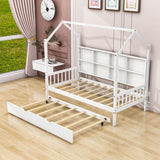 Twin Size Kids House Bed Frame with Twin Trundle and Shelf above Bed