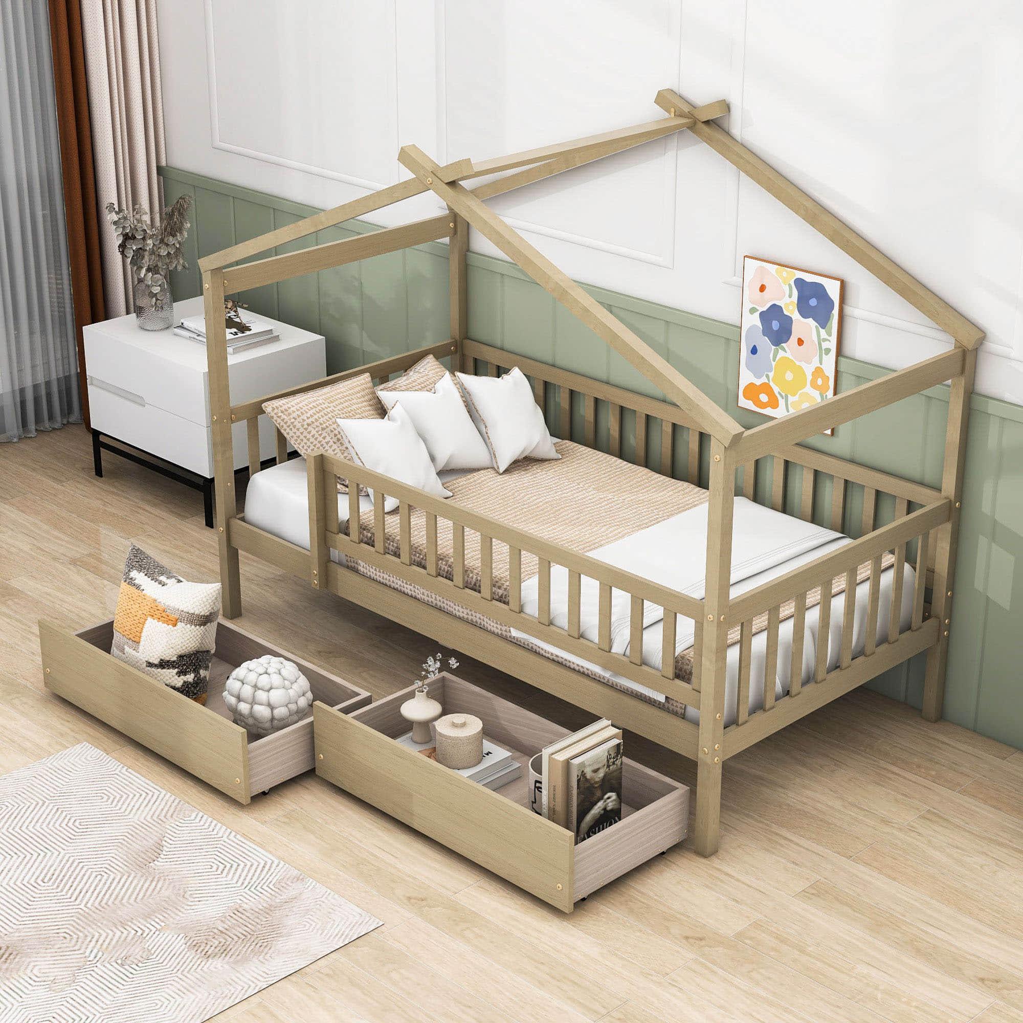 Twin Size Wood House Toddler Bed Frame with Rails and Storage