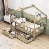 Twin Size Wood House Toddler Bed Frame with Rails and Storage