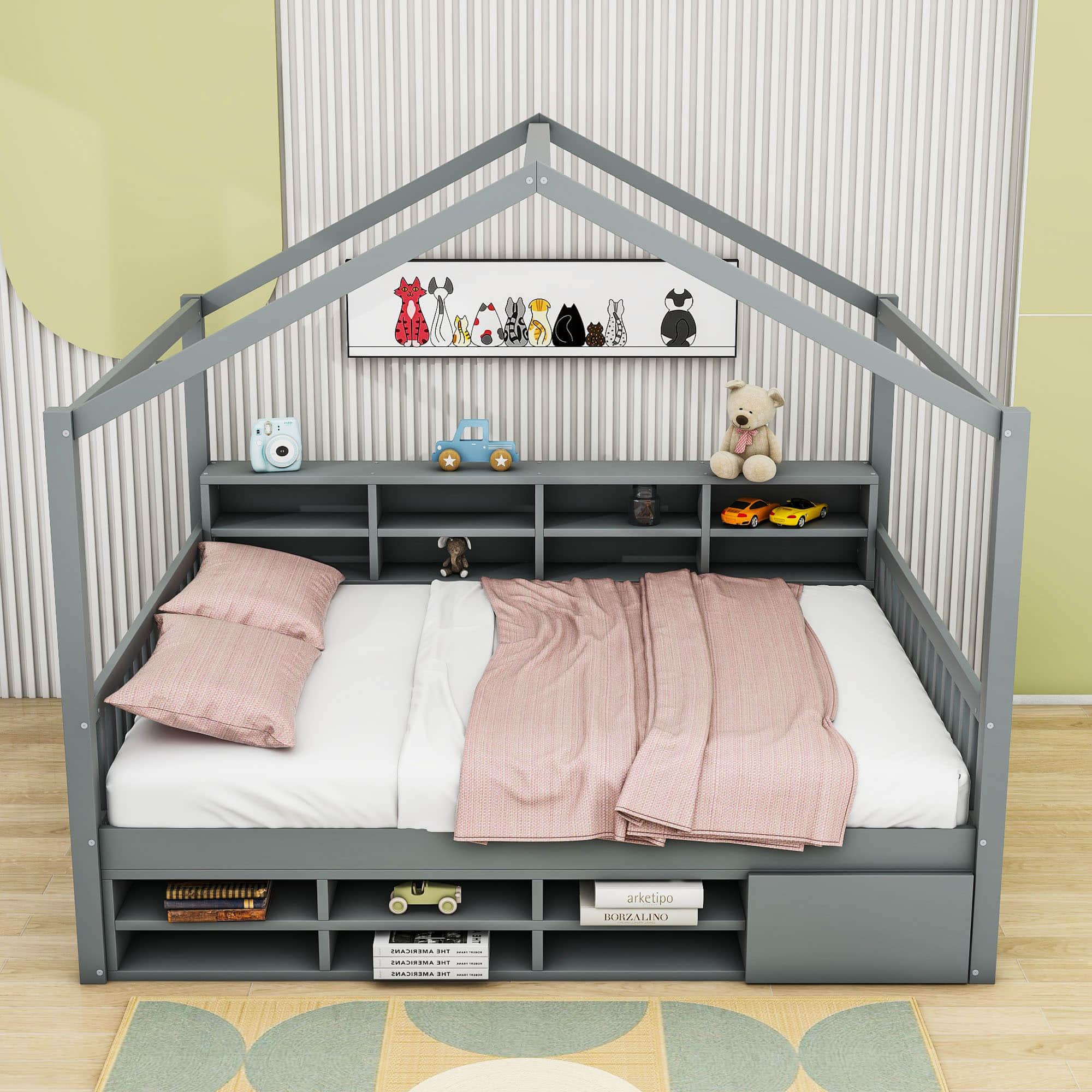 Wood Full House Kids Storage Bed Frame with Shelves and Mini-Cabinet