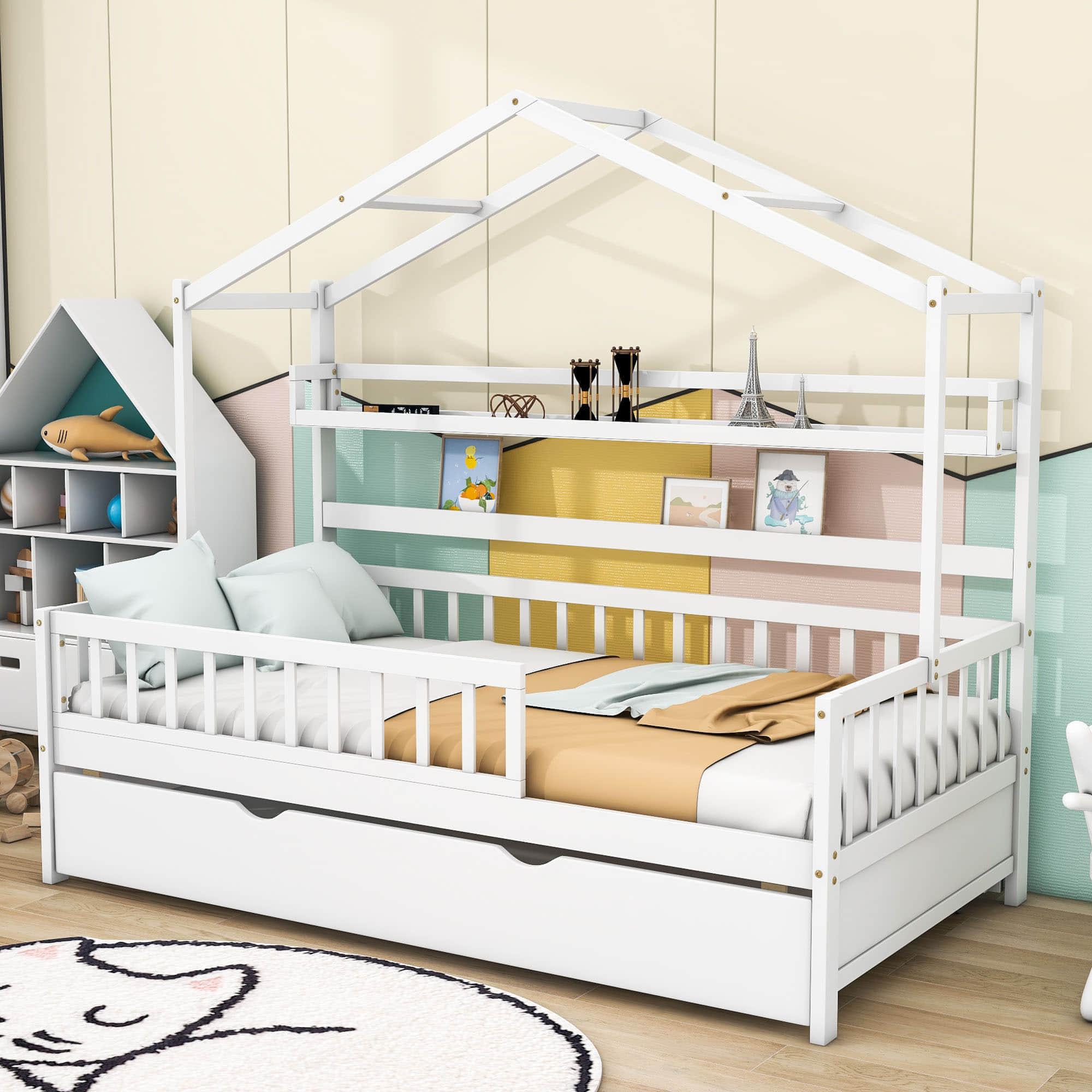 Wood Twin Size Low House Bed Frame with Storage and Twin Trundle Bed