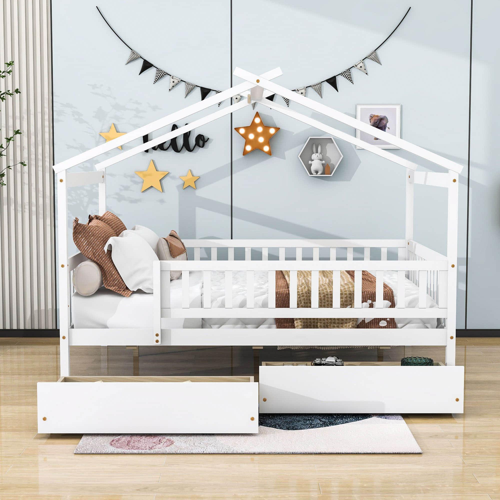 Full Size Wood House Toddler Bed Frame with Rails and Storage