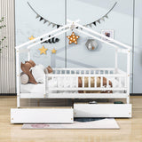 Full Size Wood House Toddler Bed Frame with Rails and Storage