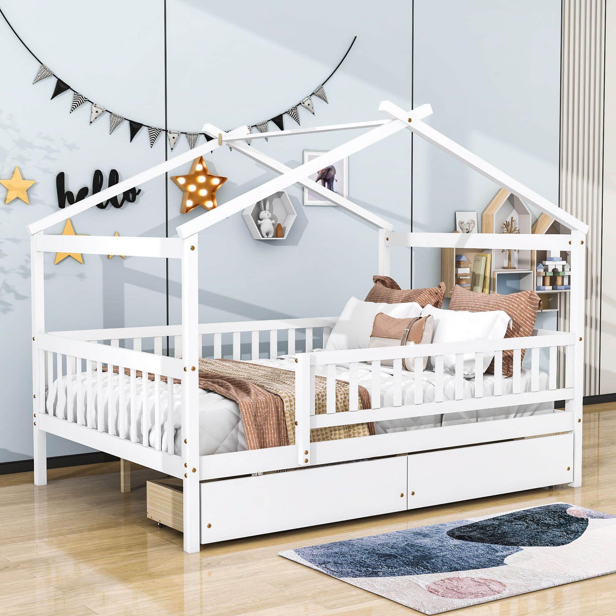 Full Size Wood House Toddler Bed Frame with Rails and Storage