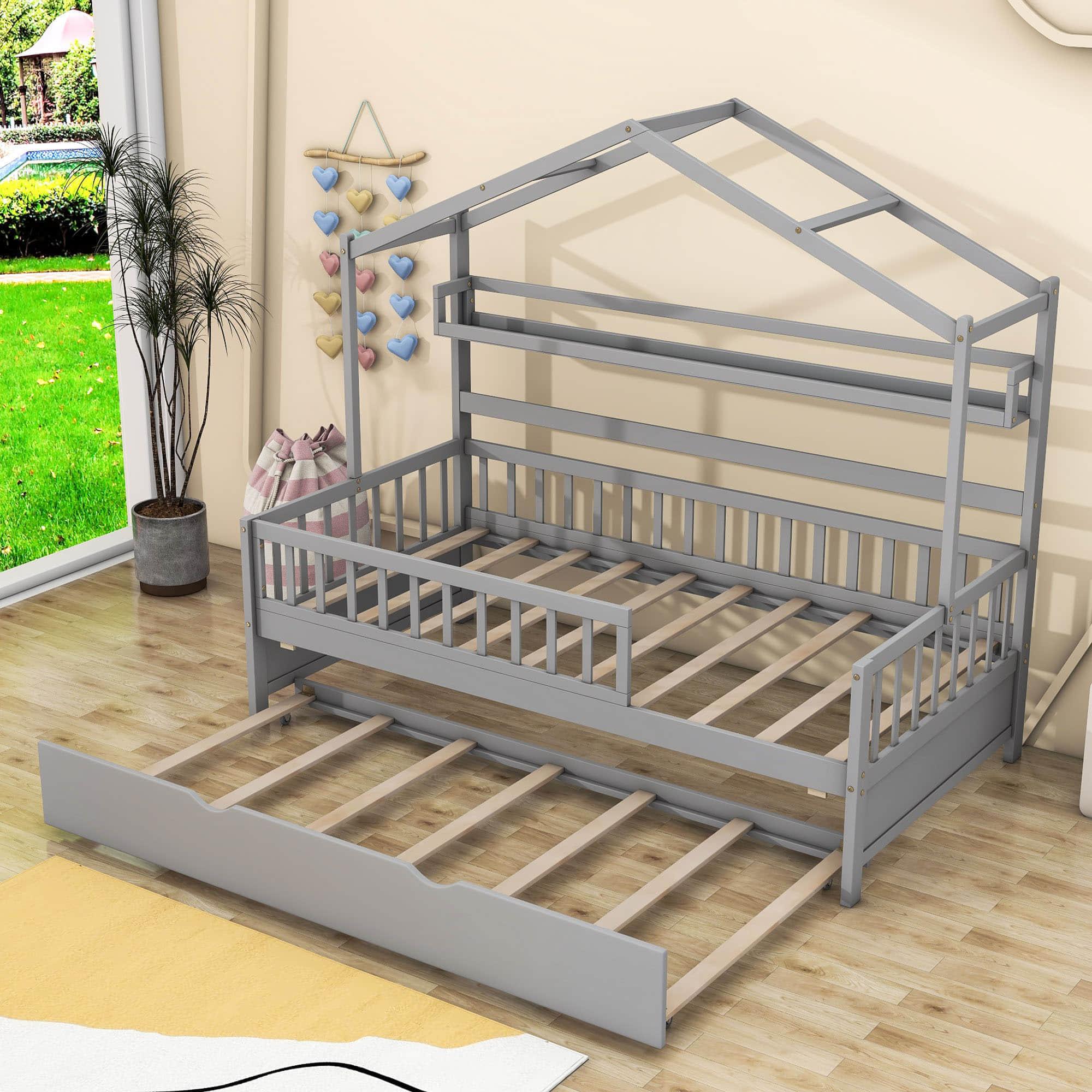 Wood Twin Size Low House Bed Frame with Storage and Twin Trundle Bed