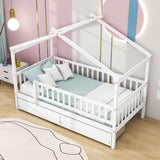 Twin Size Wood House Toddler Bed Frame with Rails and Storage