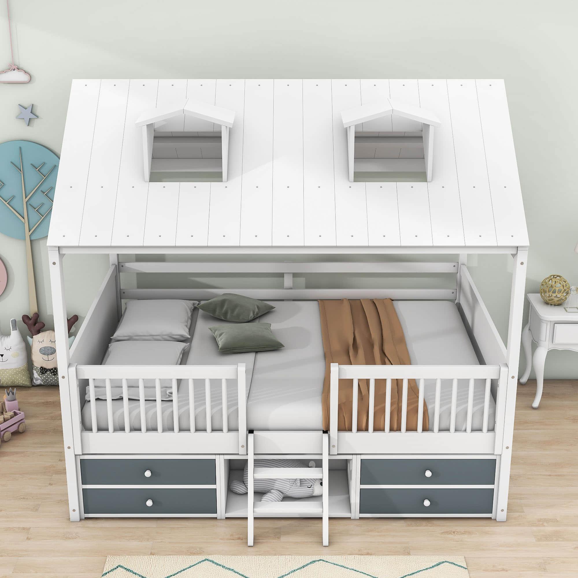 Low Full Size Loft House Bed with Storage for Kids, Toddler - [Wooden]