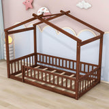 Twin Wood House Kids Toddler Floor Bed with Rails