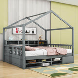 Wood Full House Kids Storage Bed Frame with Shelves and Mini-Cabinet