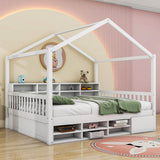 Wood Full House Kids Storage Bed Frame with Shelves and Mini-Cabinet