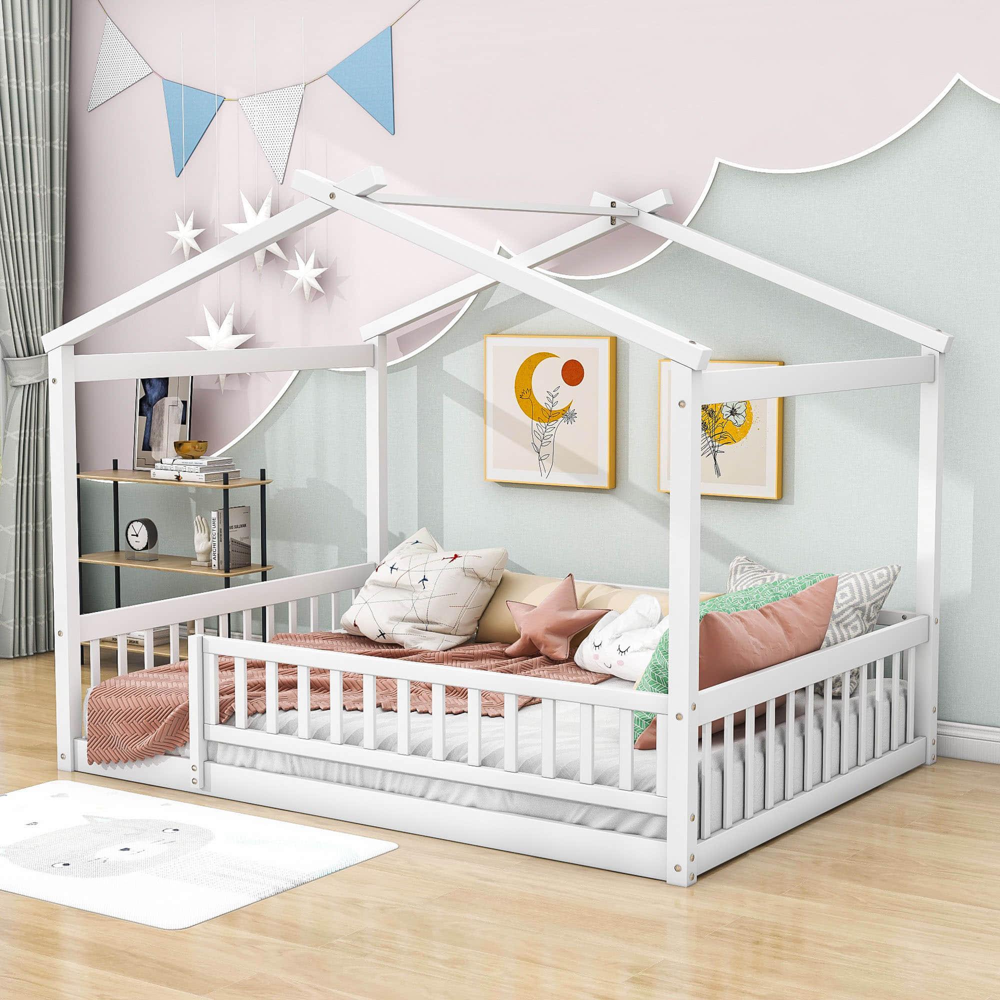 Full Size Wood House Kids Toddler Floor Bed with Rails