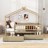 Full Size Wood House Toddler Bed Frame with Rails and Storage