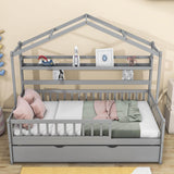 Wood Twin Size Low House Bed Frame with Storage and Twin Trundle Bed