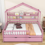 Wood Full Size Low House Bed Frame with Storage and Twin Trundle Bed