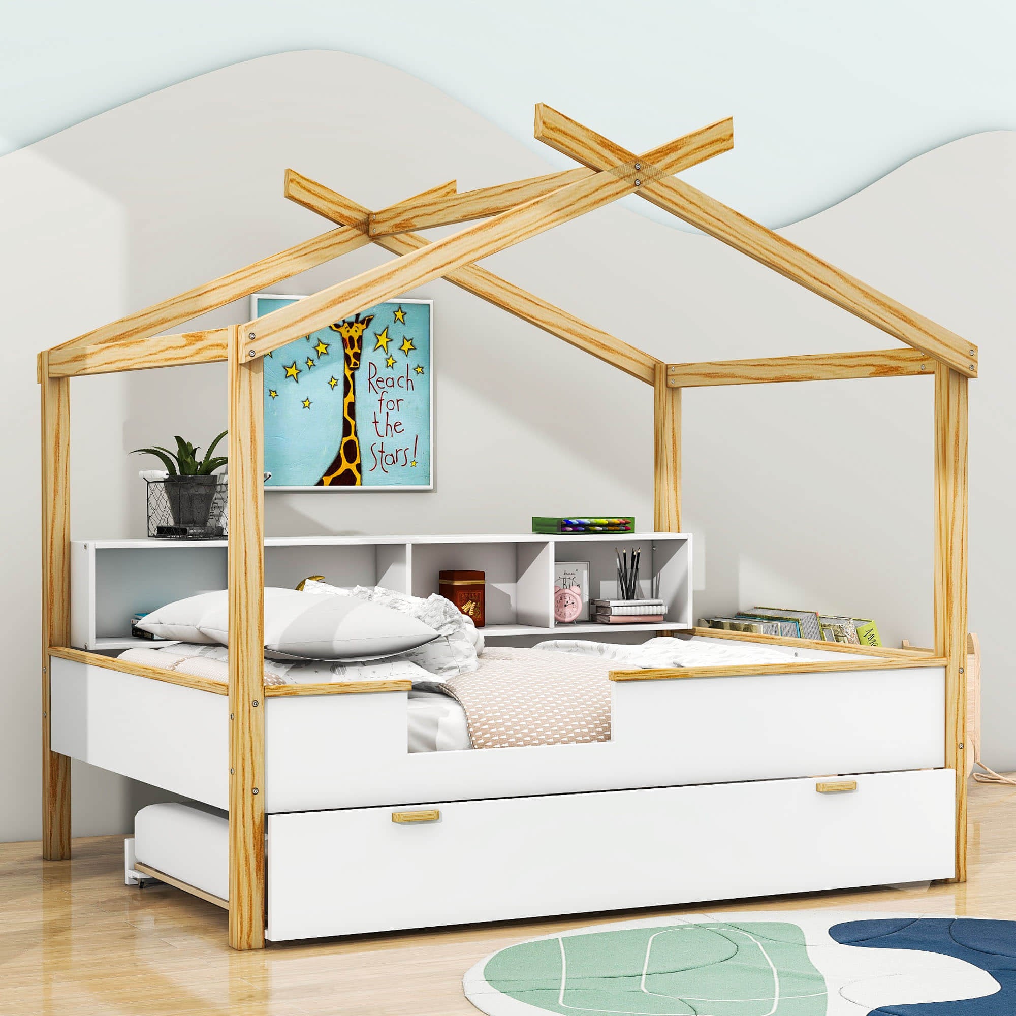 Full House Kids Bed Frame with Twin Trundle Bed and Bookshelf Storage