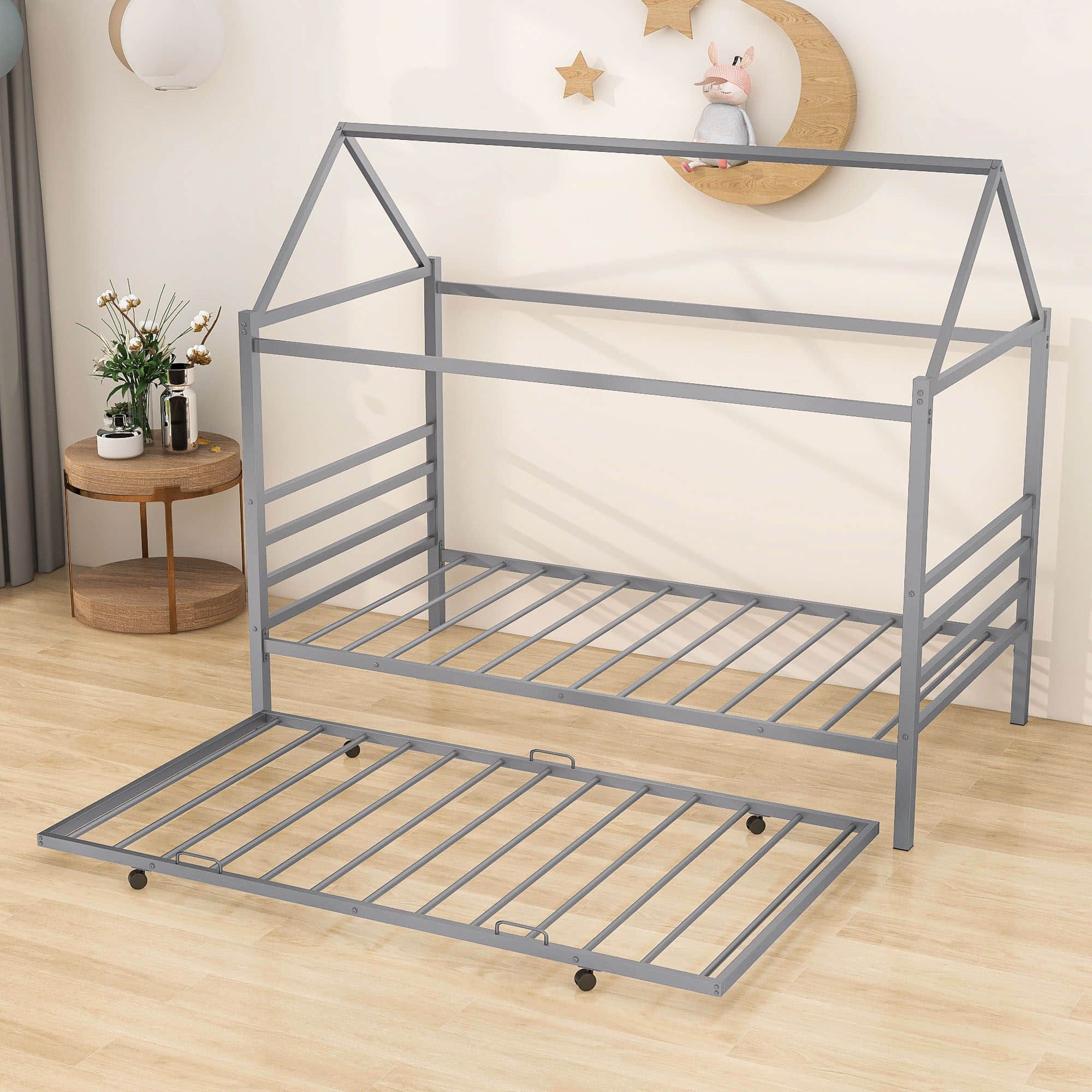 Metal Twin House Bed Frame with Twin Trundle Bed and Headboard