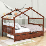 Full Size Wooden House Bed with Twin Trundle Bed and Headboard