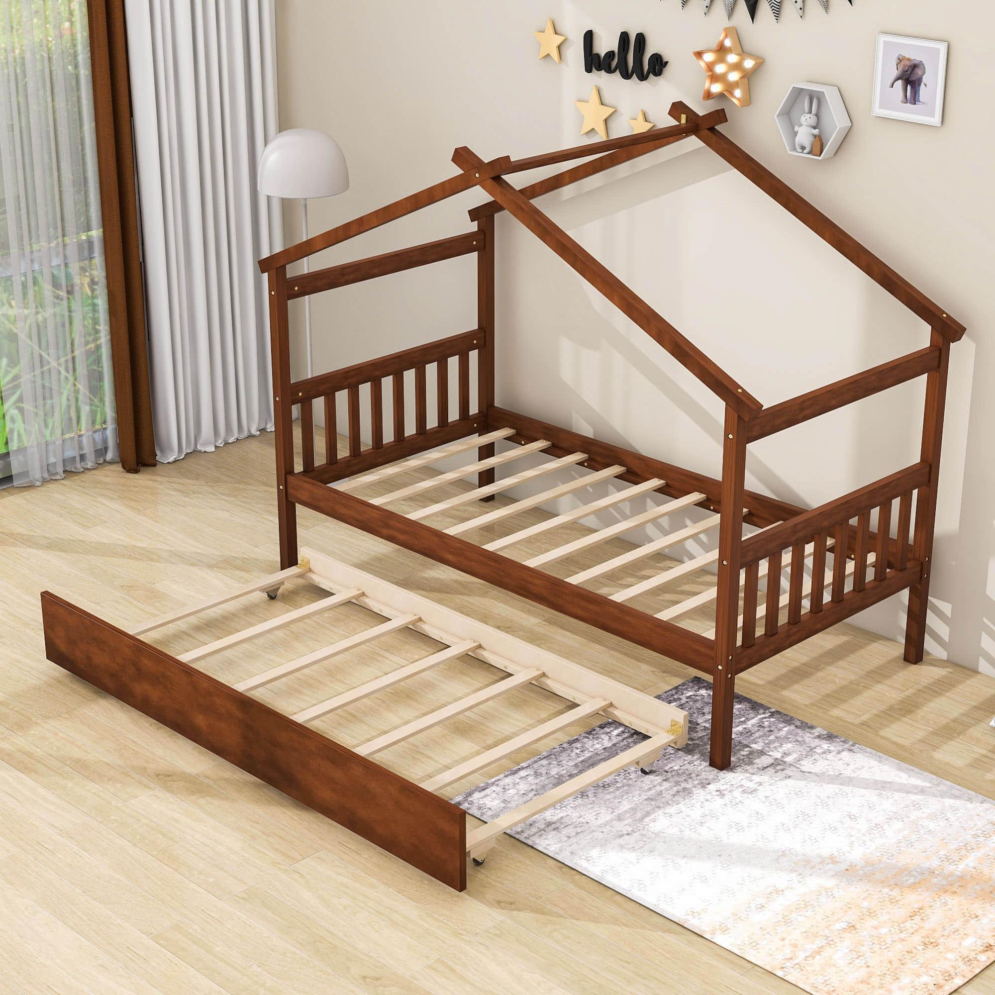 Twin Wooden House Bed with Twin Trundle Bed and Headboard