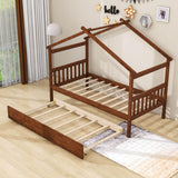 Twin Wooden House Bed with Twin Trundle Bed and Headboard