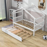 Twin Wooden House Bed with Twin Trundle Bed and Headboard