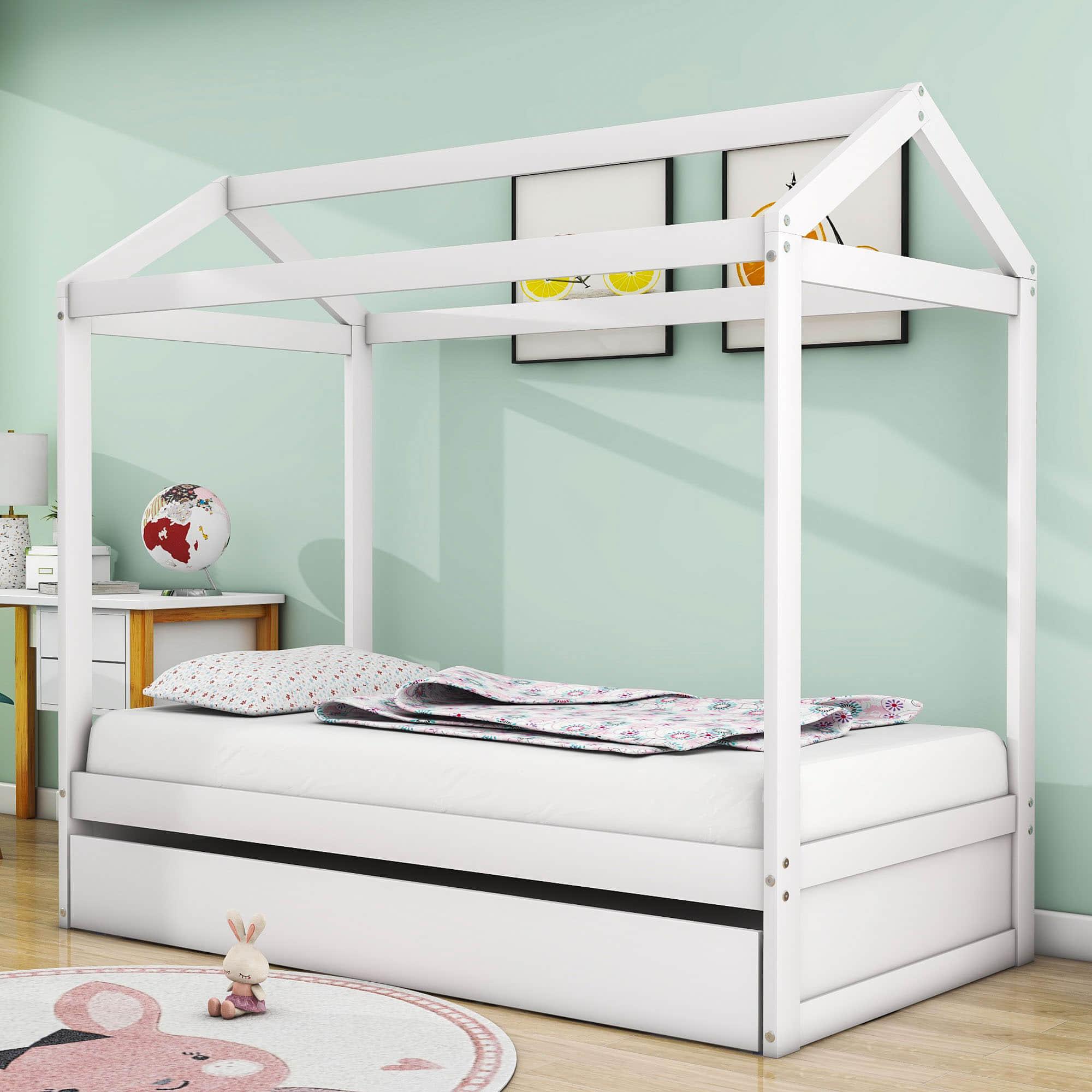 Wooden Kids Twin House Bed with Twin Trundle Bed