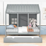 Wooden Full Size Kids House Bed with Twin Trundle Bed and Rails