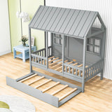 Wooden Twin House Kids Bed with Twin Trundle Bed and Rails