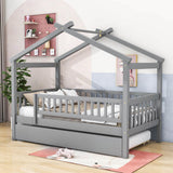 Wooden Twin House Bed with Twin Trundle for Kids, Toddler