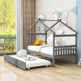 Twin Wooden House Bed with Twin Trundle Bed and Headboard