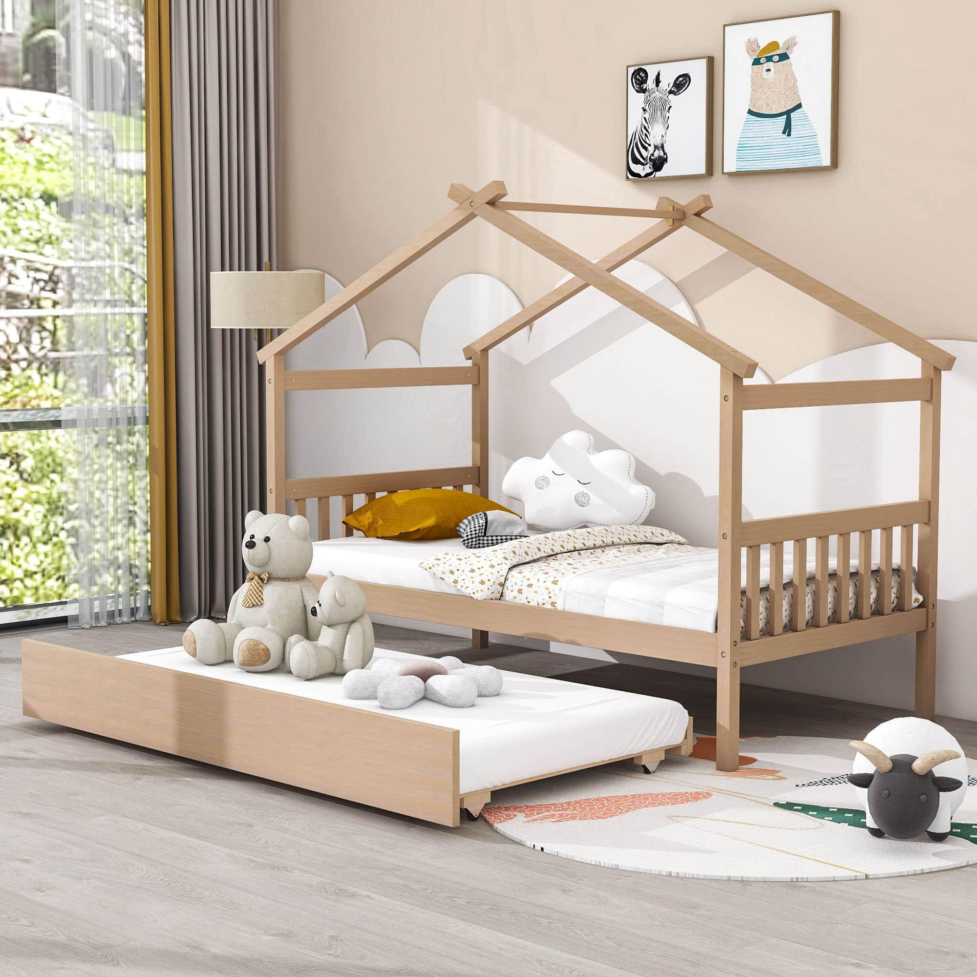 Twin Wooden House Bed with Twin Trundle Bed and Headboard