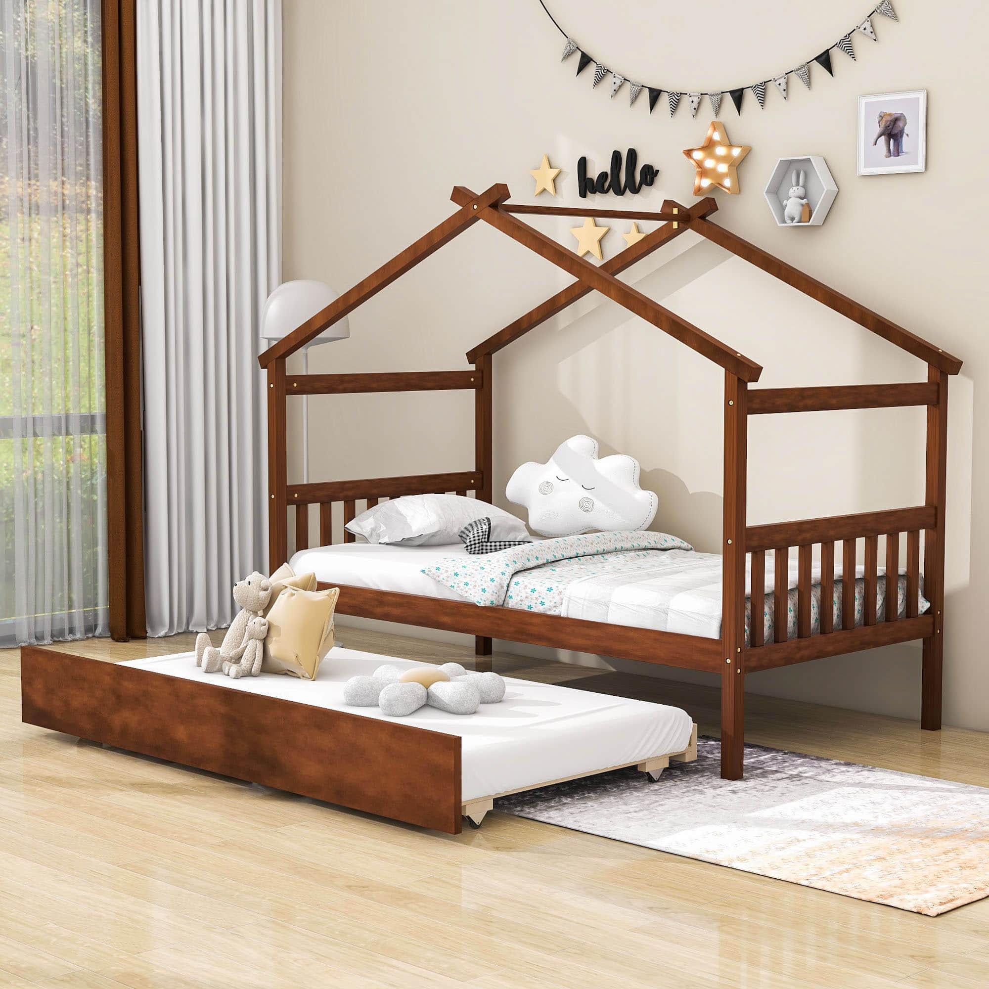 Twin Wooden House Bed with Twin Trundle Bed and Headboard