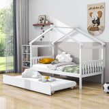 Twin Wooden House Bed with Twin Trundle Bed and Headboard