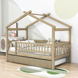 Wooden Twin House Bed with Twin Trundle for Kids, Toddler