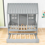 Wooden Twin House Kids Bed with Twin Trundle Bed and Rails